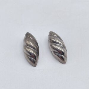 Vintage Mexican 925 Sterling Silver Ribbed Marquise Clip-On Earrings Taxco Style